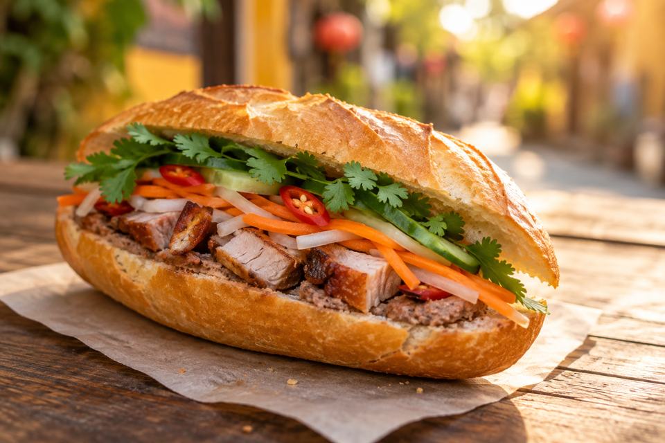 An illustrative banh mi with roast pork, pickles, herbs and chilli