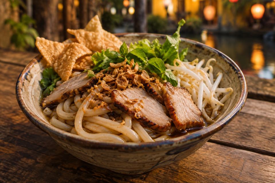 An illustrative bowl of cao lau noodles with pork, herbs and crisp crackers