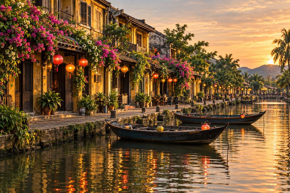 An illustrative golden-hour view of lantern-lit riverside shop houses in Hoi An