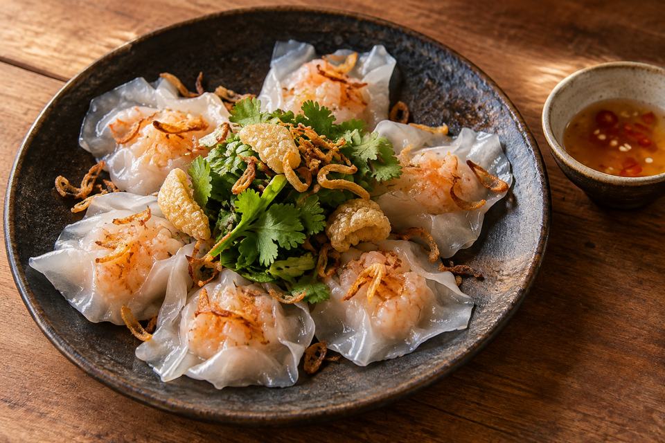 An illustrative plate of Hoi An white rose dumplings with herbs and fried shallots